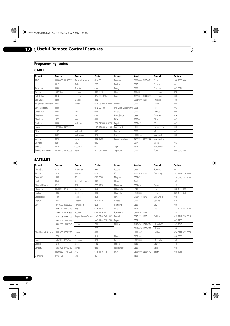 Programming codes cable satellite, Useful remote control features 13 | Pioneer Elite PureVision PRO 1140HD User Manual | Page 92 / 118