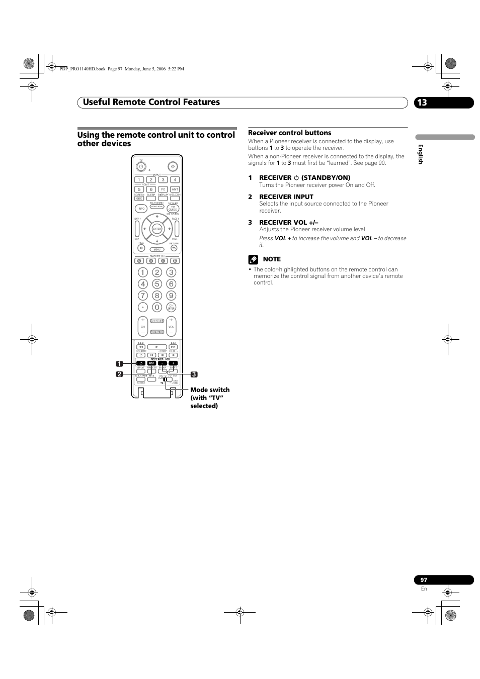 Receiver control buttons, Useful remote control features 13 | Pioneer Elite PureVision PRO 1140HD User Manual | Page 97 / 118