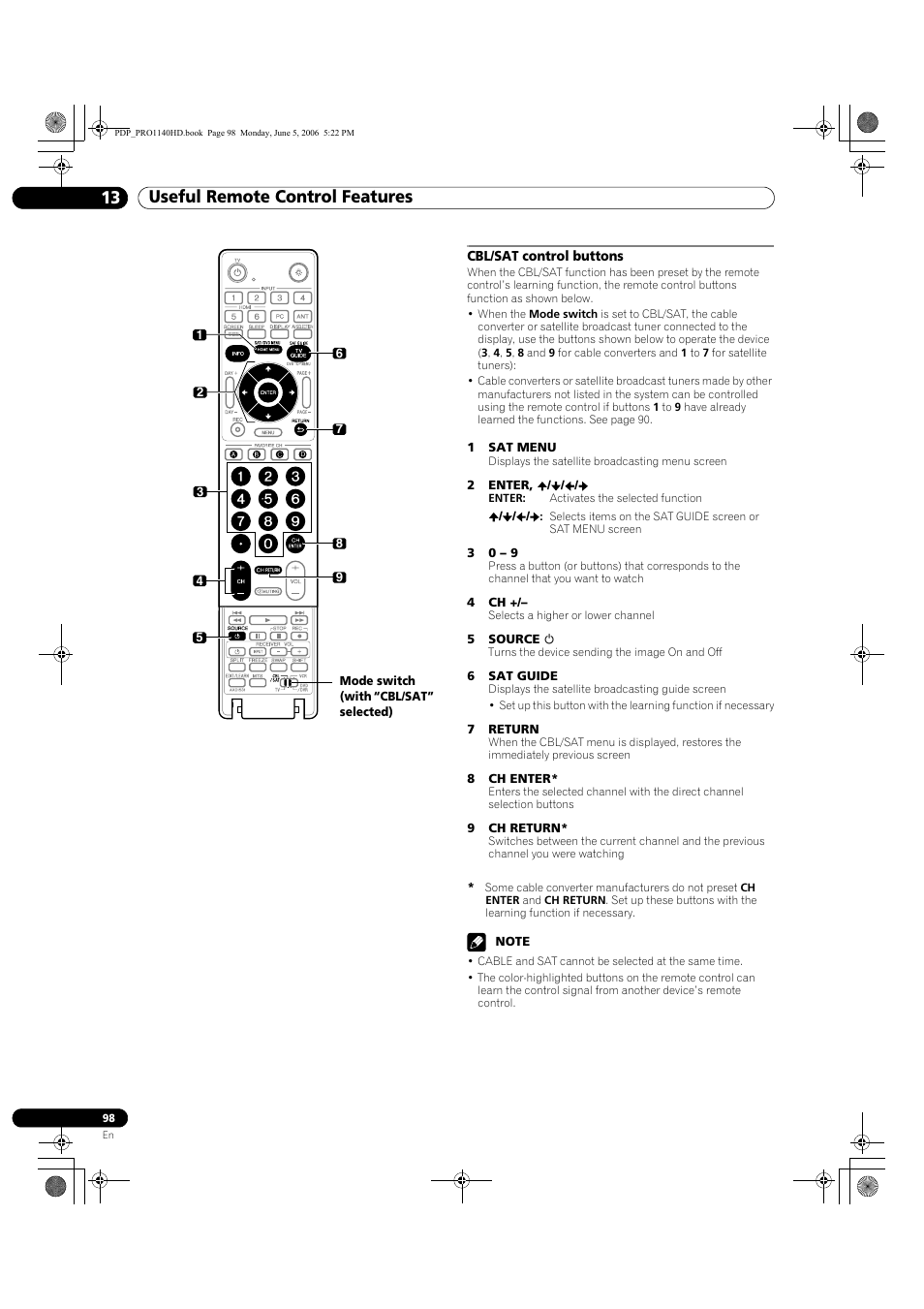 Cbl/sat control buttons, Useful remote control features 13 | Pioneer Elite PureVision PRO 1140HD User Manual | Page 98 / 118