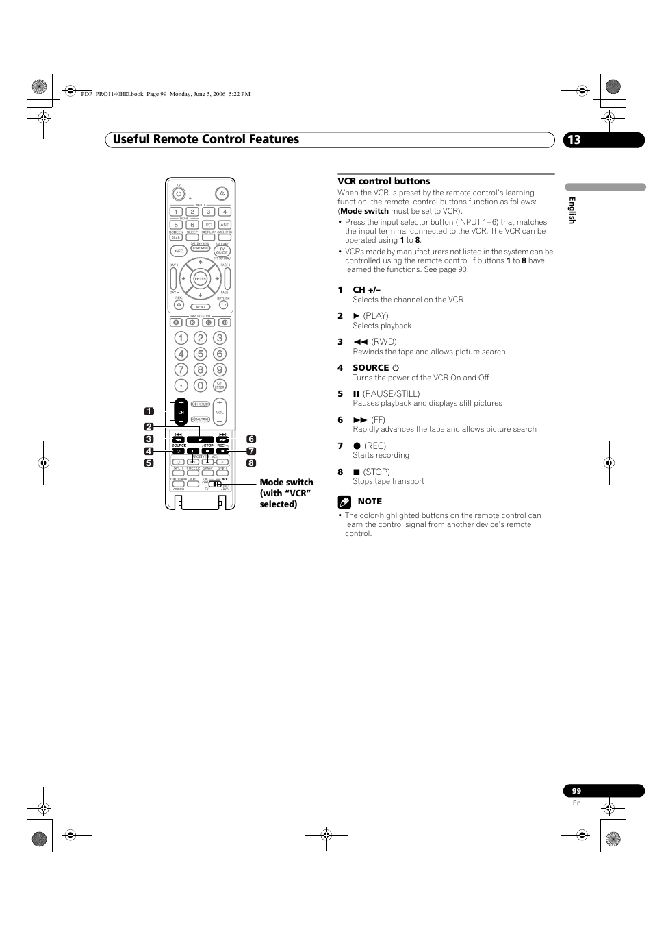 Vcr control buttons, Useful remote control features 13 | Pioneer Elite PureVision PRO 1140HD User Manual | Page 99 / 118