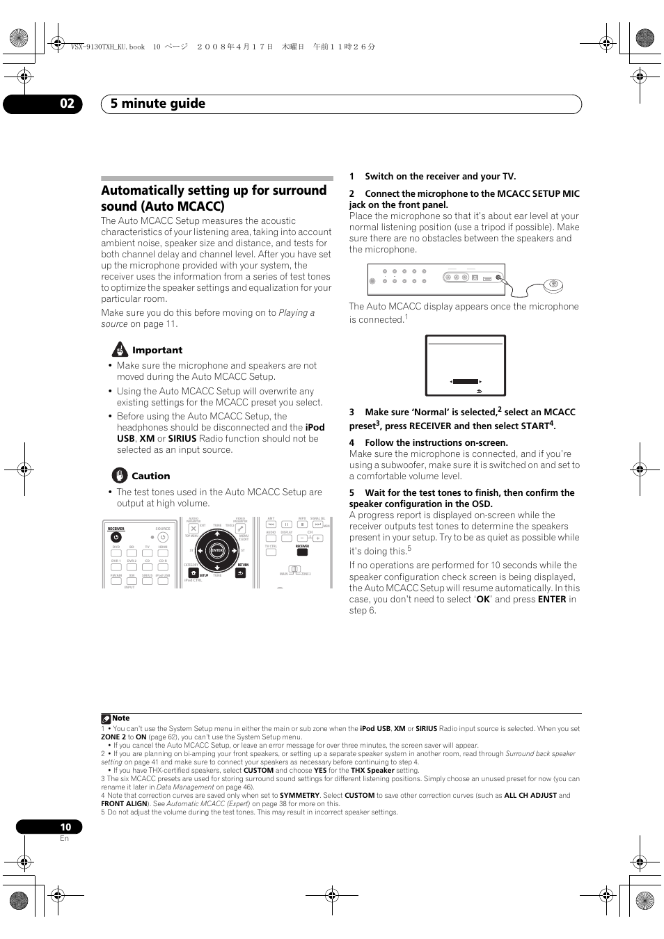 5 minute guide 02, Mcacc setup mic, 3make sure ‘normal’ is selected | Select an mcacc preset, Press receiver and then select start | Pioneer VSX-9130TXH-K User Manual | Page 10 / 104