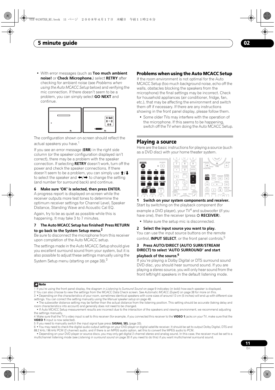 Problems when using the auto mcacc setup, Playing a source, 5 minute guide 02 | Pioneer VSX-9130TXH-K User Manual | Page 11 / 104