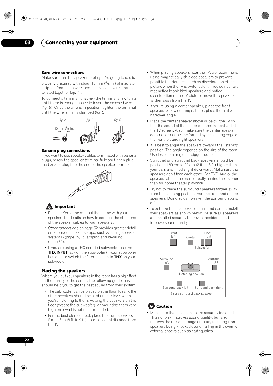 Placing the speakers, Connecting your equipment 03 | Pioneer VSX-9130TXH-K User Manual | Page 22 / 104