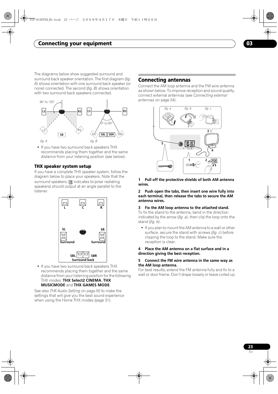 Thx speaker system setup, Connecting antennas, Connecting your equipment 03 | Pioneer VSX-9130TXH-K User Manual | Page 23 / 104