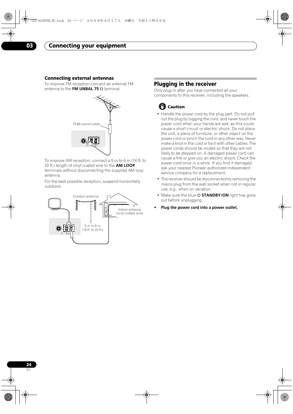 Connecting external antennas, Plugging in the receiver, Connecting your equipment 03 | Pioneer VSX-9130TXH-K User Manual | Page 24 / 104