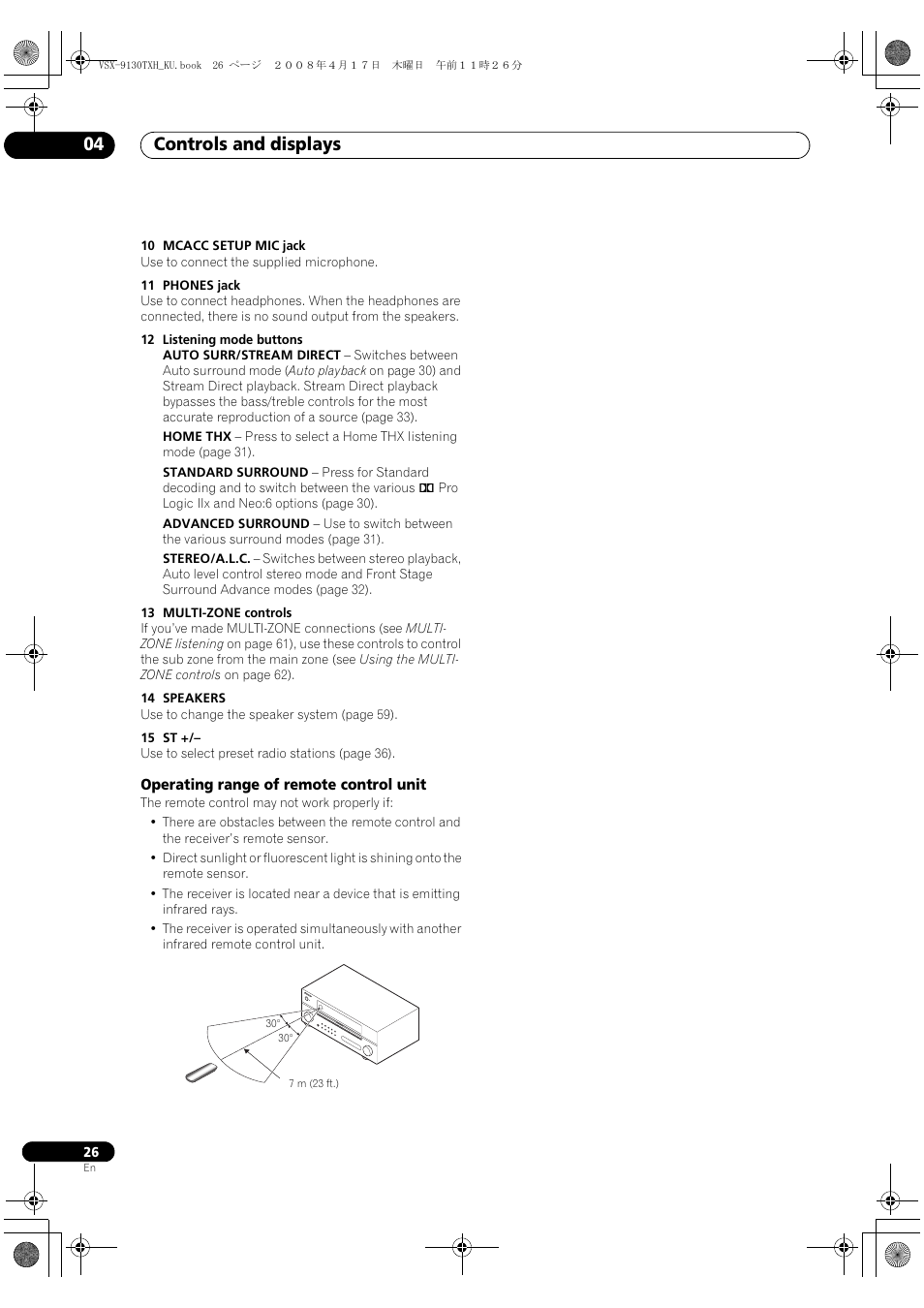 Operating range of remote control unit, Controls and displays 04 | Pioneer VSX-9130TXH-K User Manual | Page 26 / 104