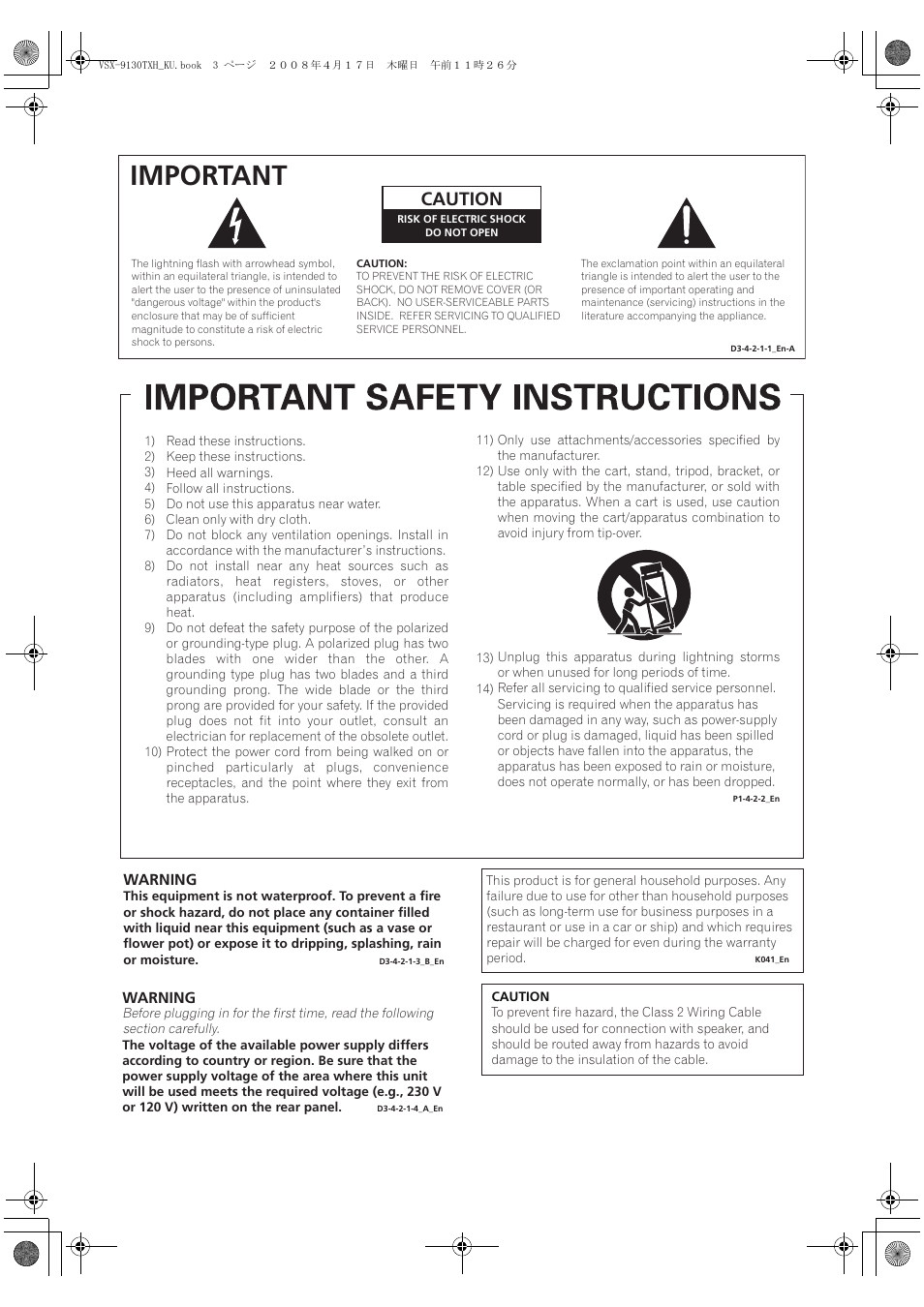 Important, Caution | Pioneer VSX-9130TXH-K User Manual | Page 3 / 104