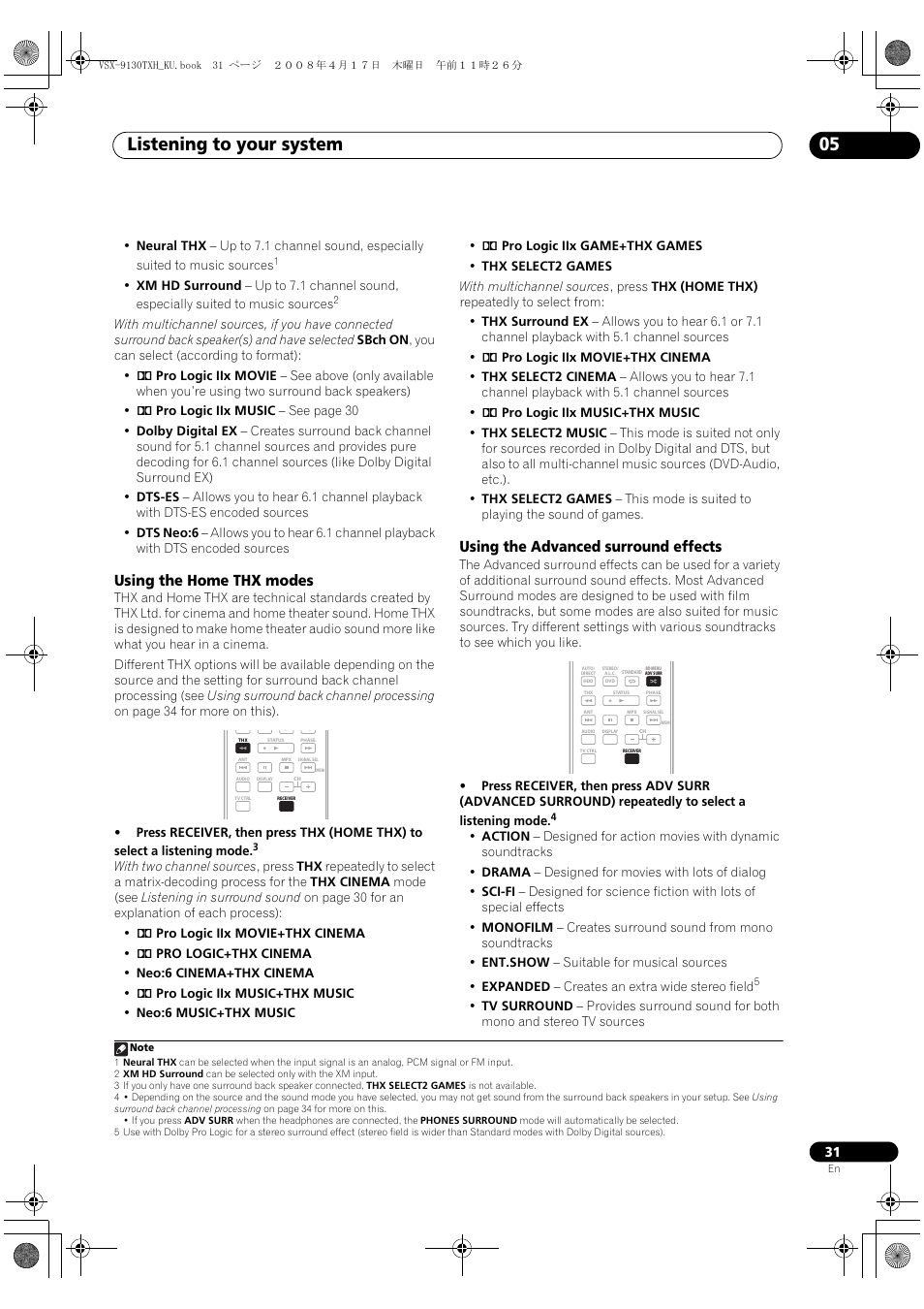 Listening to your system 05, Using the home thx modes, Using the advanced surround effects | Pioneer VSX-9130TXH-K User Manual | Page 31 / 104