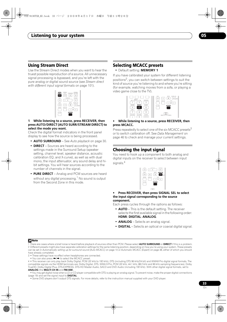 Listening to your system 05, Using stream direct, Selecting mcacc presets | Choosing the input signal | Pioneer VSX-9130TXH-K User Manual | Page 33 / 104