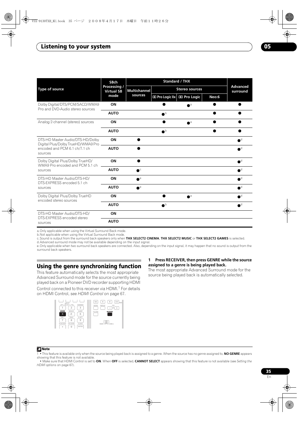 Using the genre synchronizing function, Listening to your system 05 | Pioneer VSX-9130TXH-K User Manual | Page 35 / 104