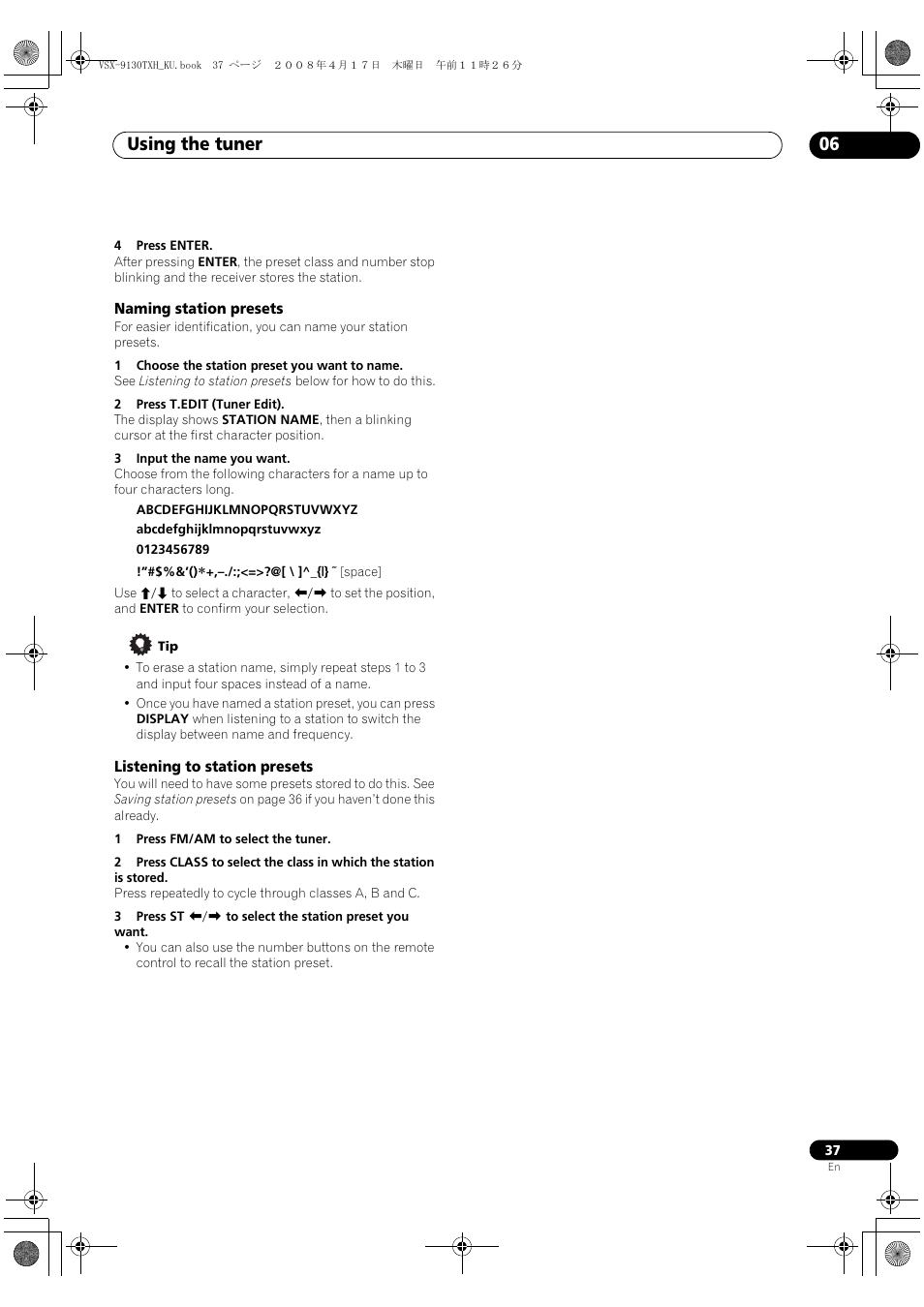Using the tuner 06 | Pioneer VSX-9130TXH-K User Manual | Page 37 / 104