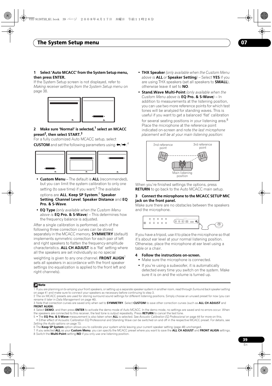 The system setup menu 07, Mcacc setup mic | Pioneer VSX-9130TXH-K User Manual | Page 39 / 104