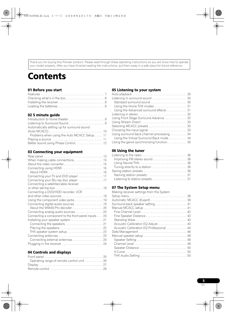 Pioneer VSX-9130TXH-K User Manual | Page 5 / 104