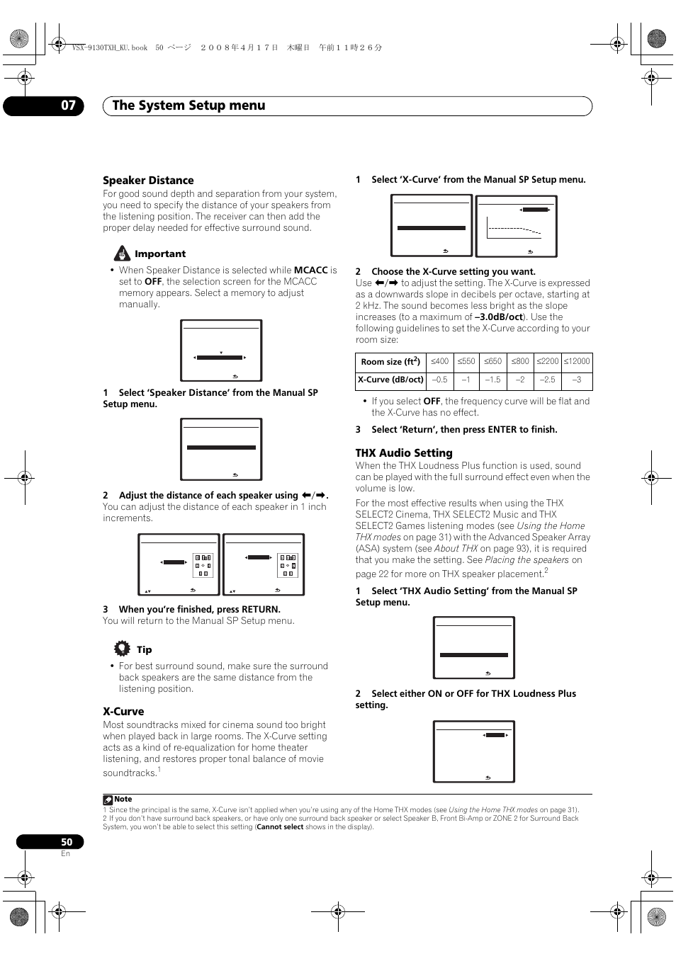 Speaker distance x-curve thx audio setting, The system setup menu 07, Speaker distance | X-curve, Thx audio setting | Pioneer VSX-9130TXH-K User Manual | Page 50 / 104