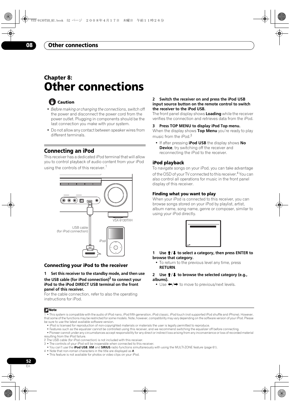 Connecting an ipod, Connecting your ipod to the receiver ipod playback, Other connections | Other connections 08, Chapter 8, Connecting your ipod to the receiver, Ipod playback, Finding what you want to play | Pioneer VSX-9130TXH-K User Manual | Page 52 / 104