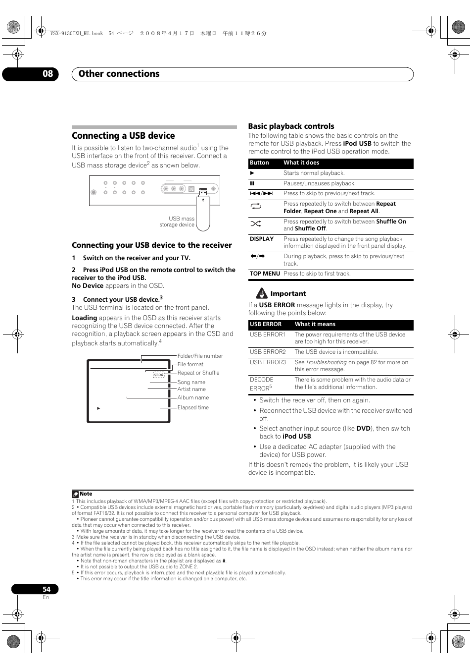 Connecting a usb device, Other connections 08, Connecting your usb device to the receiver | Basic playback controls, It is possible to listen to two-channel audio, As shown below | Pioneer VSX-9130TXH-K User Manual | Page 54 / 104