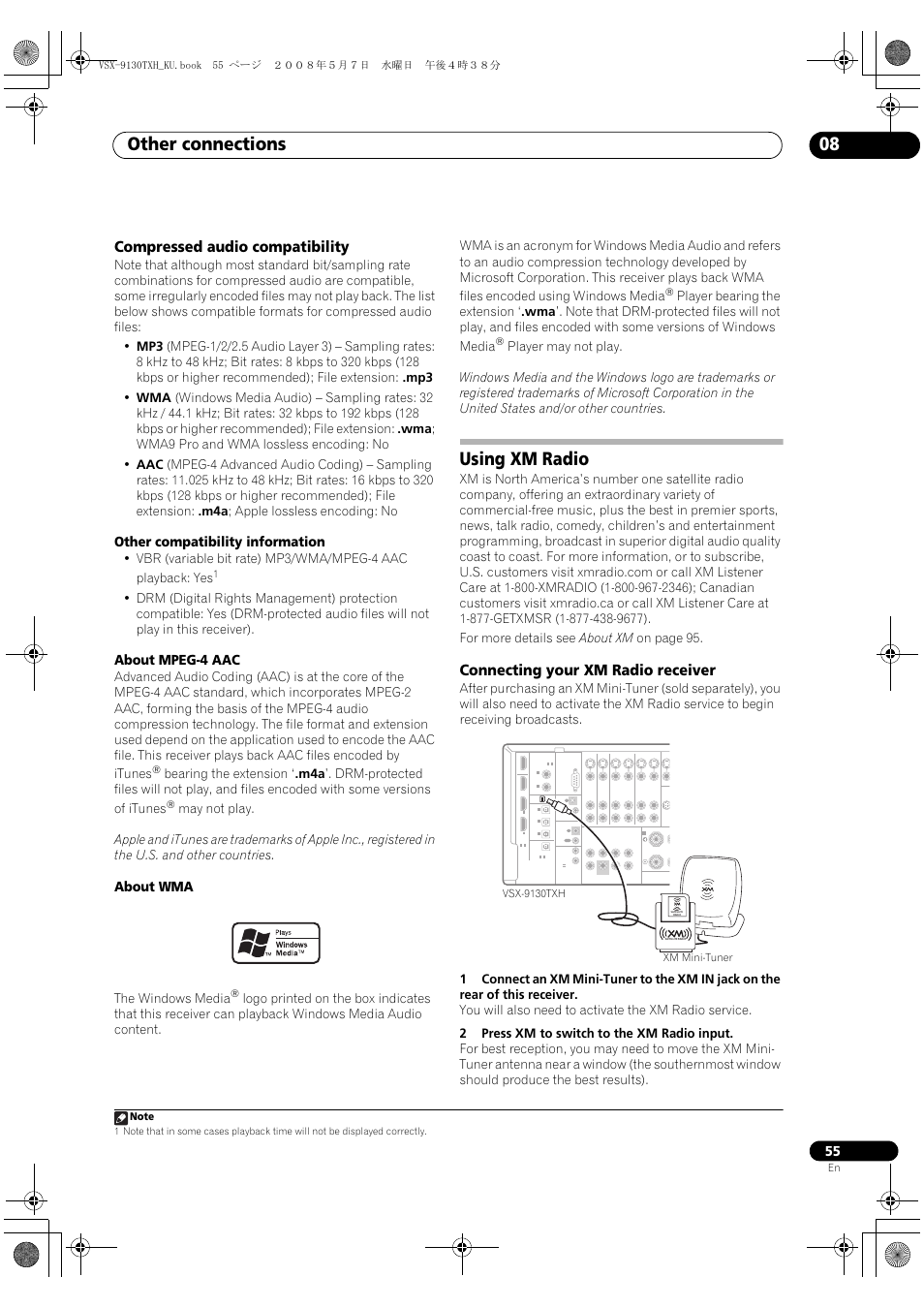 Compressed audio compatibility, Using xm radio, Connecting your xm radio receiver | Other connections 08, Other compatibility information, About mpeg-4 aac, About wma, The windows media | Pioneer VSX-9130TXH-K User Manual | Page 55 / 104
