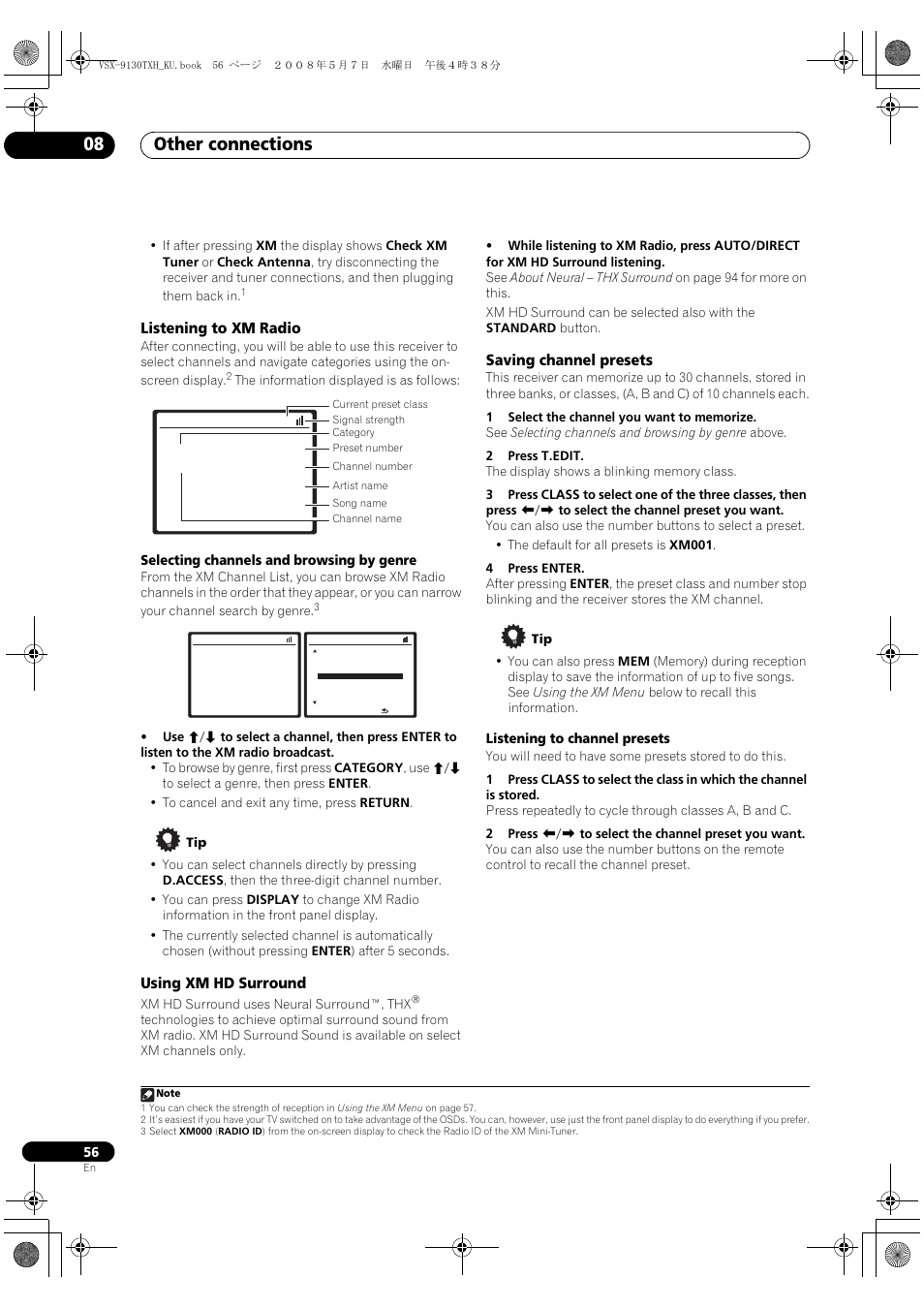 Other connections 08, Listening to xm radio, Using xm hd surround | Saving channel presets | Pioneer VSX-9130TXH-K User Manual | Page 56 / 104