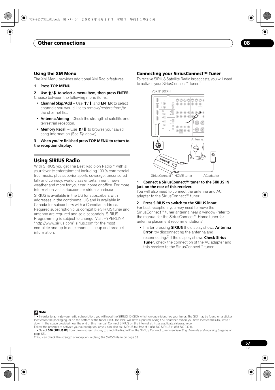 Using the xm menu, Using sirius radio, Connecting your siriusconnect | Tuner, Other connections 08, Connecting your siriusconnect™ tuner | Pioneer VSX-9130TXH-K User Manual | Page 57 / 104