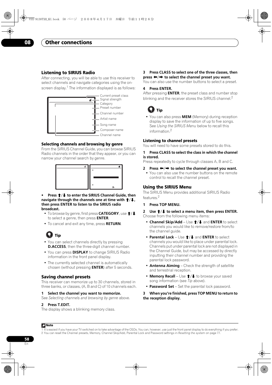 Other connections 08, Listening to sirius radio, Saving channel presets | Using the sirius menu | Pioneer VSX-9130TXH-K User Manual | Page 58 / 104