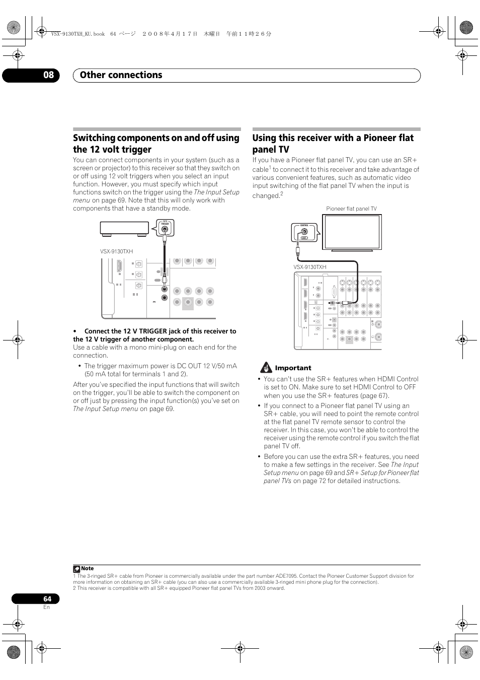 Other connections 08, Using this receiver with a pioneer flat panel tv | Pioneer VSX-9130TXH-K User Manual | Page 64 / 104