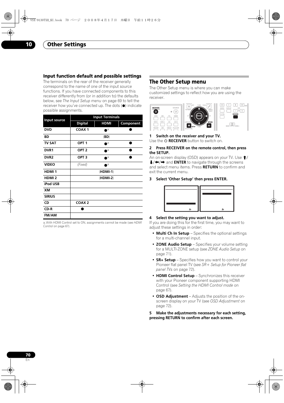 Input function default and possible settings, The other setup menu, Other settings 10 | Pioneer VSX-9130TXH-K User Manual | Page 70 / 104