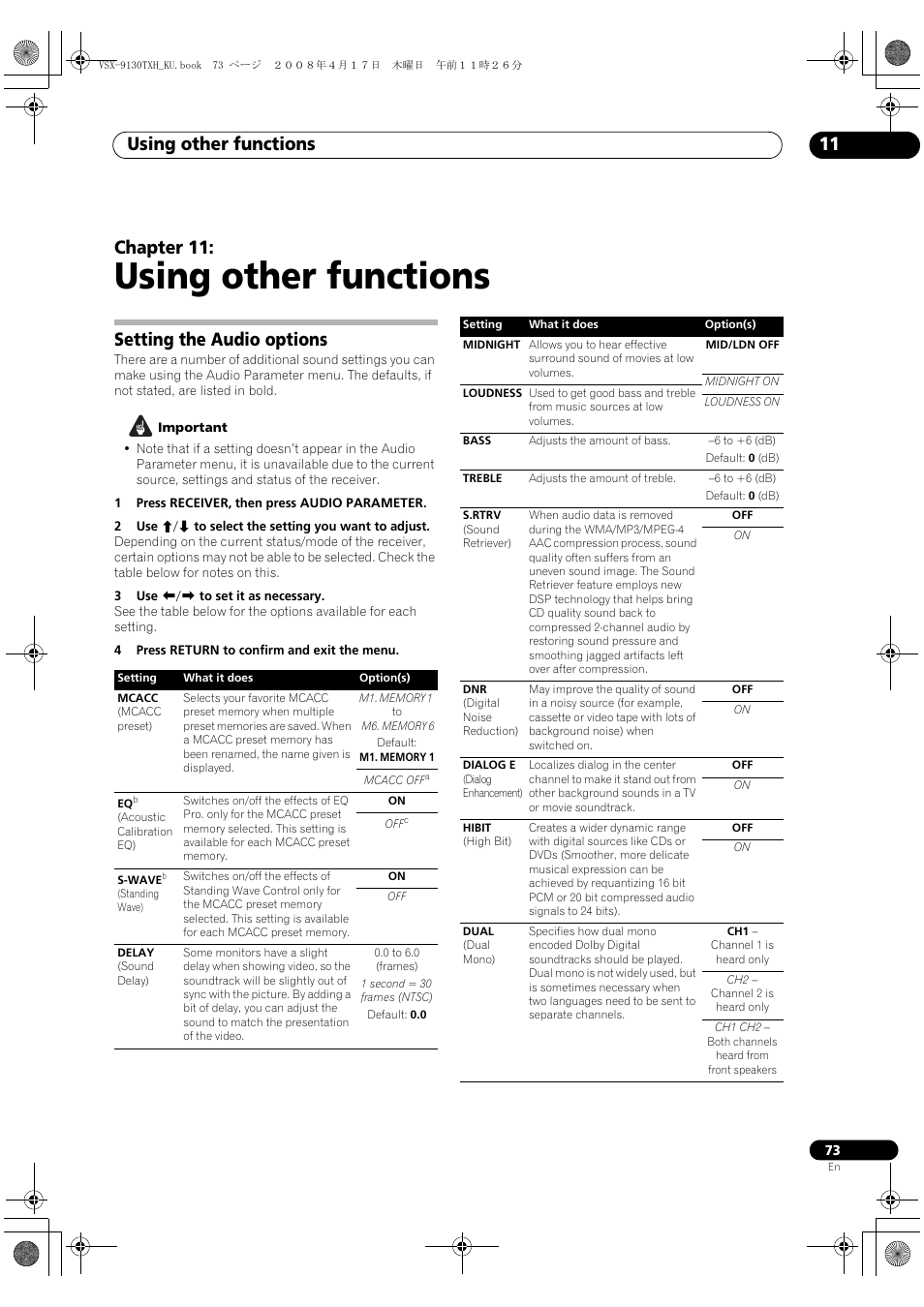 Setting the audio options, Using other functions, Using other functions 11 | Chapter 11 | Pioneer VSX-9130TXH-K User Manual | Page 73 / 104