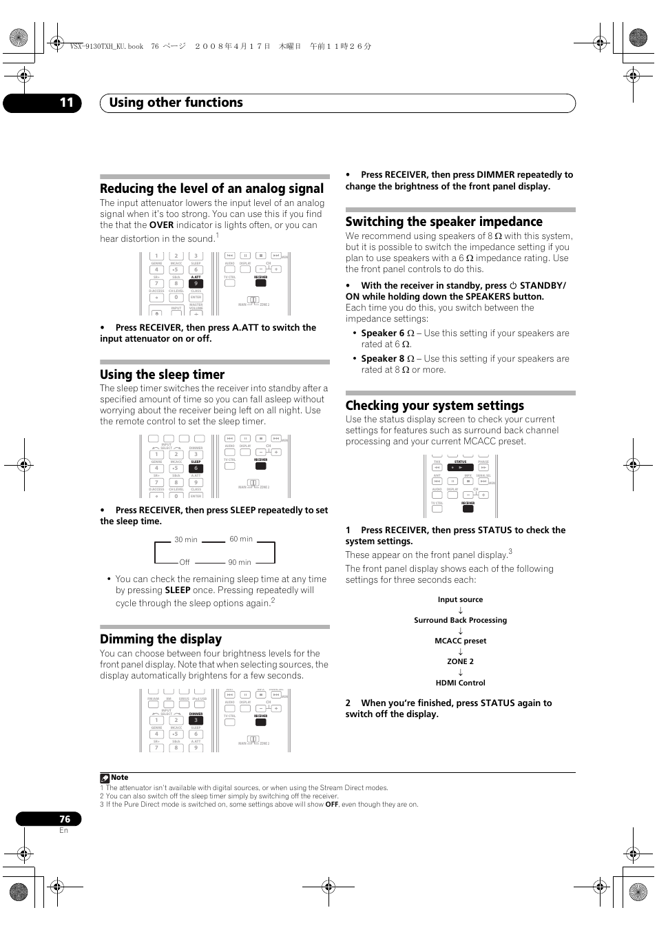Using other functions 11, Reducing the level of an analog signal, Using the sleep timer | Dimming the display, Switching the speaker impedance, Checking your system settings | Pioneer VSX-9130TXH-K User Manual | Page 76 / 104