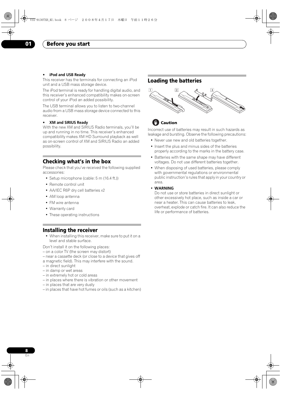 Before you start 01, Checking what’s in the box, Installing the receiver | Loading the batteries | Pioneer VSX-9130TXH-K User Manual | Page 8 / 104