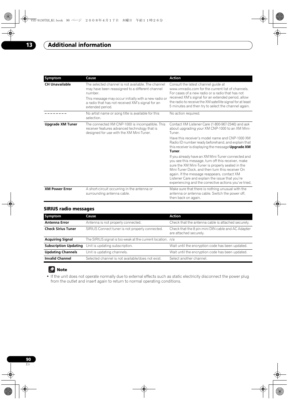 Sirius radio messages, Additional information 13 | Pioneer VSX-9130TXH-K User Manual | Page 90 / 104