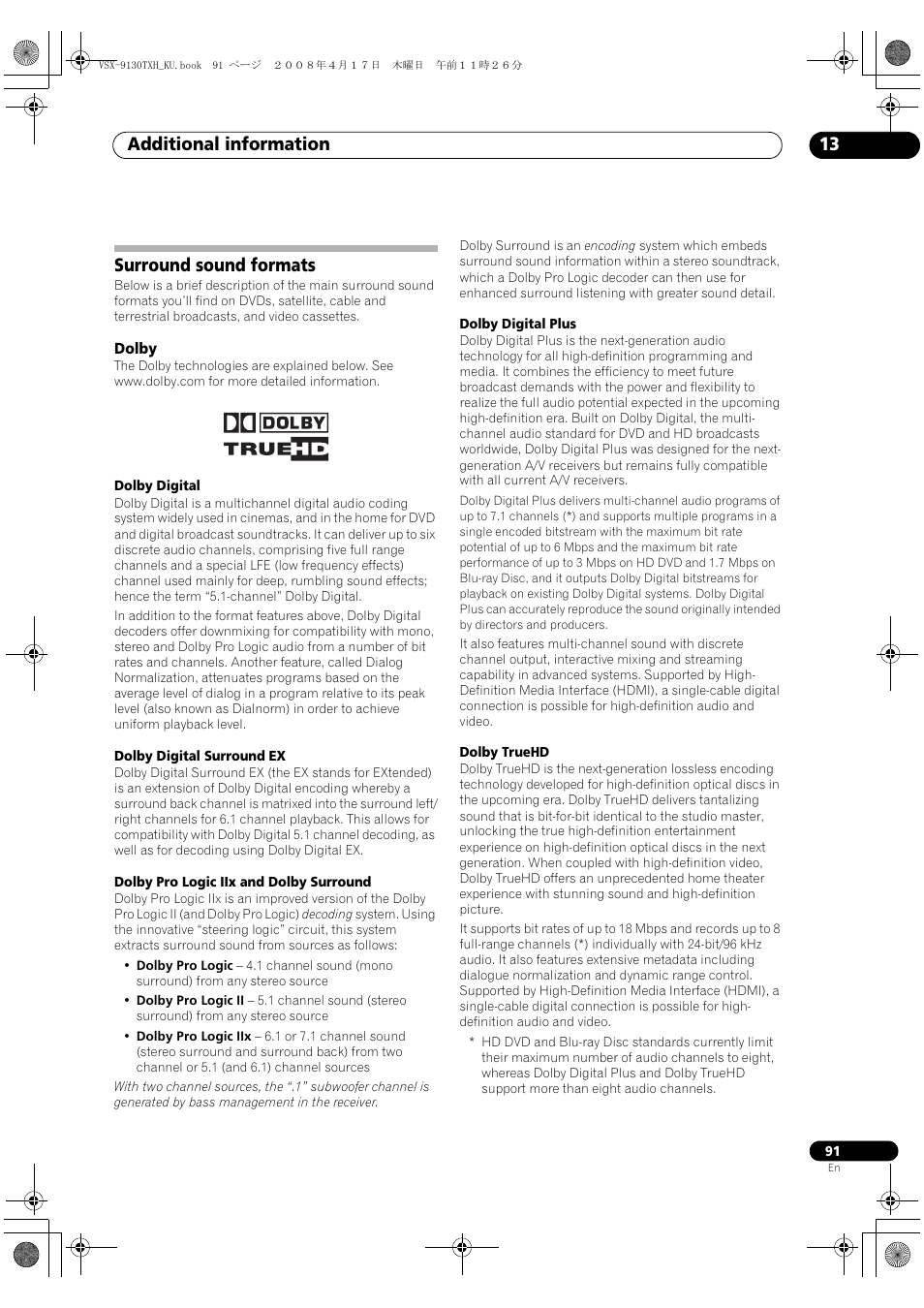 Surround sound formats, Dolby, Additional information 13 | Pioneer VSX-9130TXH-K User Manual | Page 91 / 104