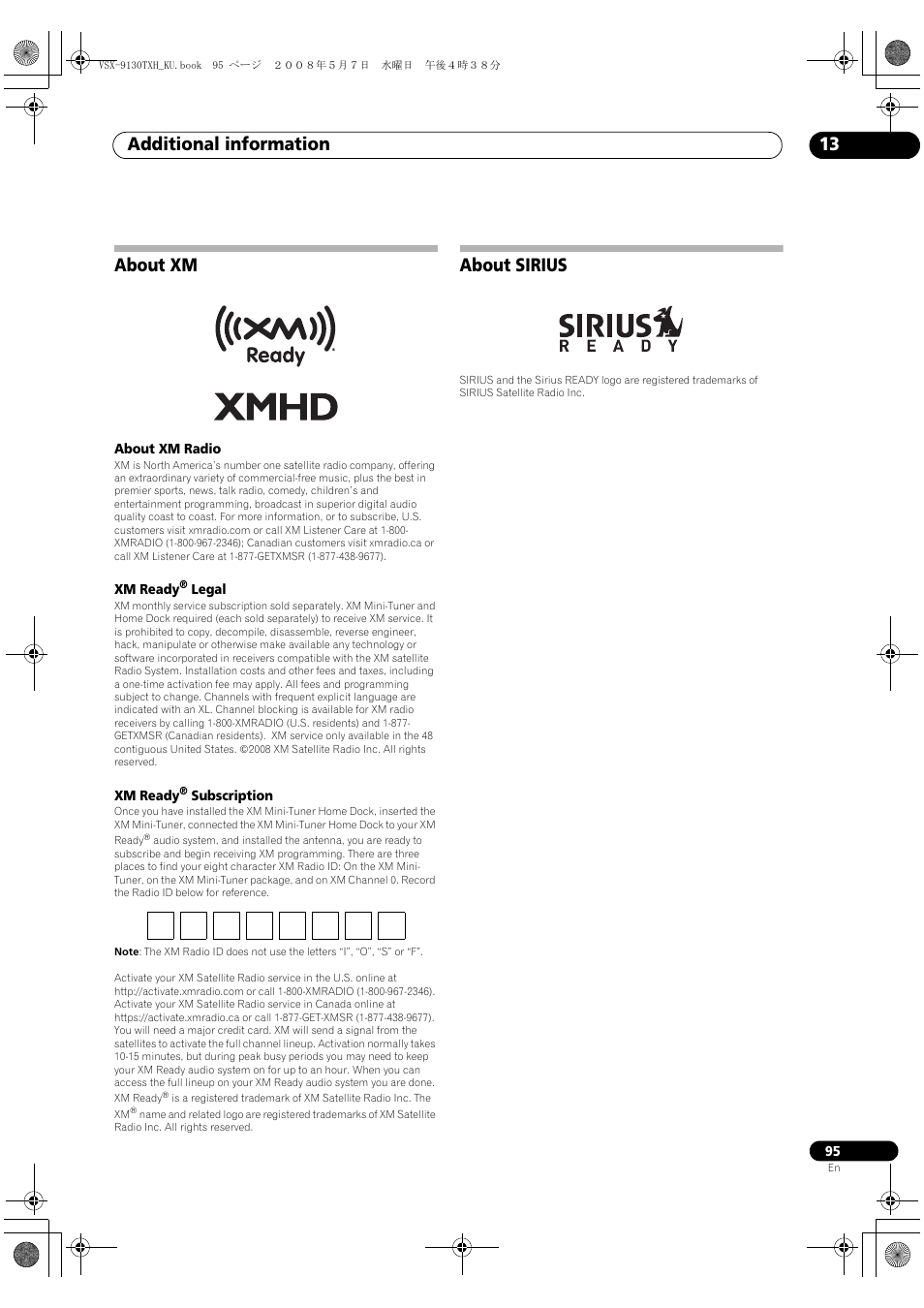 About xm about sirius, Additional information 13, About xm | About sirius | Pioneer VSX-9130TXH-K User Manual | Page 95 / 104