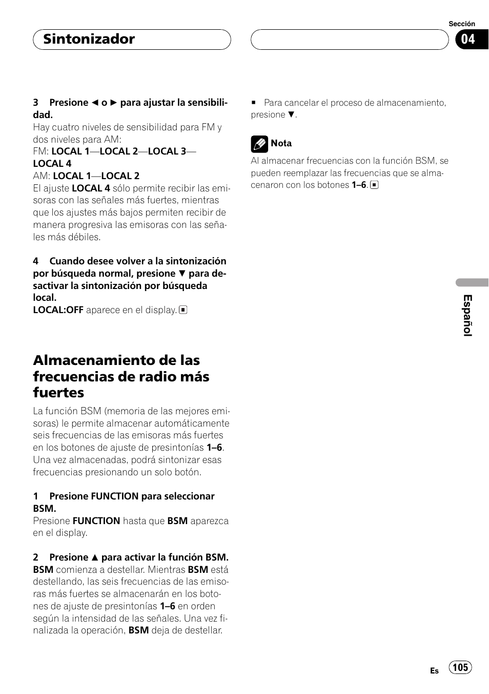 Almacenamiento de las frecuencias de radio, Más fuertes 105, Sintonizador | Pioneer DEH-P4600MP User Manual | Page 105 / 140