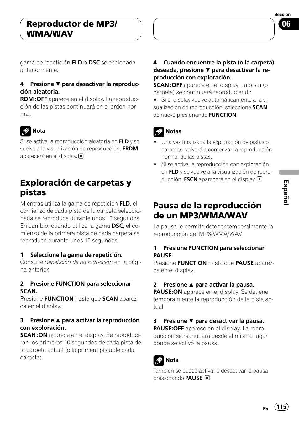 Exploración de carpetas y pistas 115, Pausa de la reproducción de un mp3/wma, Wav 115 | Exploración de carpetas y pistas, Pausa de la reproducción de un mp3/wma/wav, Reproductor de mp3/ wma/wav | Pioneer DEH-P4600MP User Manual | Page 115 / 140