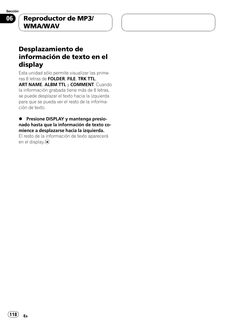 Desplazamiento de información de texto en, El display 118, Reproductor de mp3/ wma/wav | Pioneer DEH-P4600MP User Manual | Page 118 / 140
