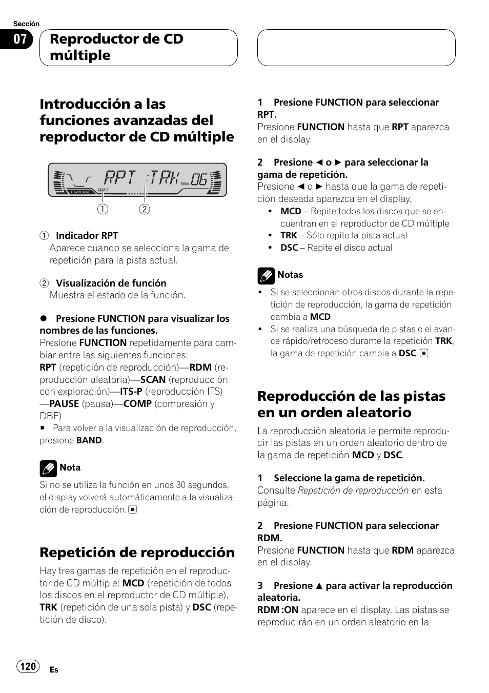 Introducción a las funciones avanzadas del, Reproductor de cd múltiple 120, Repetición de reproducción 120 | Reproducción de las pistas en un orden, Aleatorio 120, Repetición de reproducción, Reproducción de las pistas en un orden aleatorio, Reproductor de cd múltiple | Pioneer DEH-P4600MP User Manual | Page 120 / 140