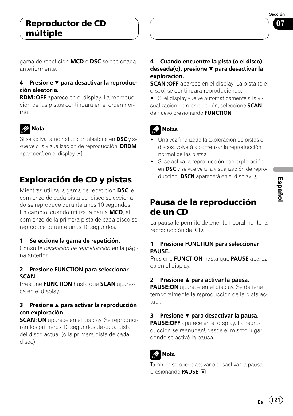 Exploración de cd y pistas 121, Pausa de la reproducción de un cd 121, Exploración de cd y pistas | Pausa de la reproducción de un cd, Reproductor de cd múltiple | Pioneer DEH-P4600MP User Manual | Page 121 / 140
