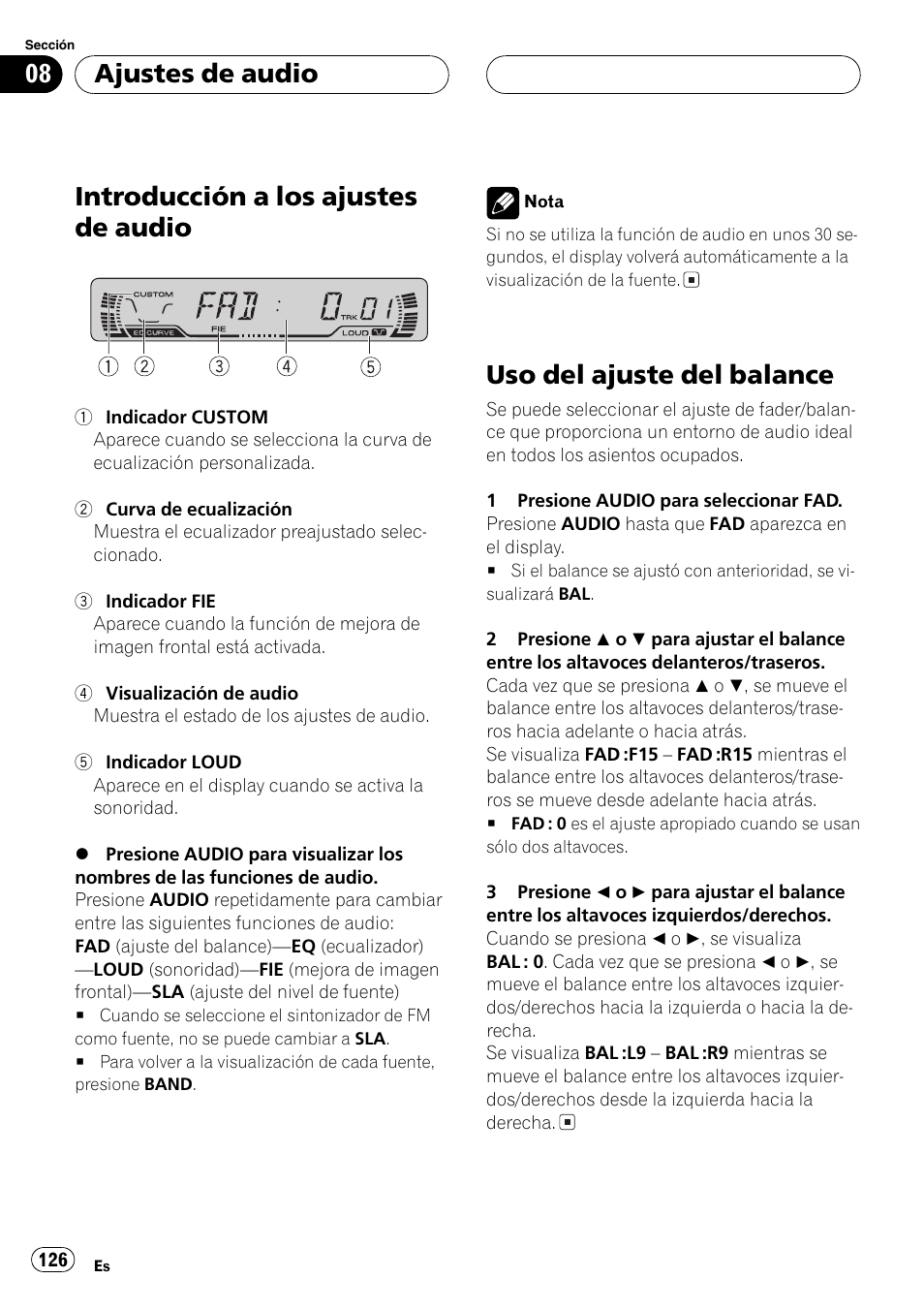 Ajustes de audio, Introducción a los ajustes de audio 126, Uso del ajuste del balance 126 | Introducción a los ajustes de audio, Uso del ajuste del balance | Pioneer DEH-P4600MP User Manual | Page 126 / 140