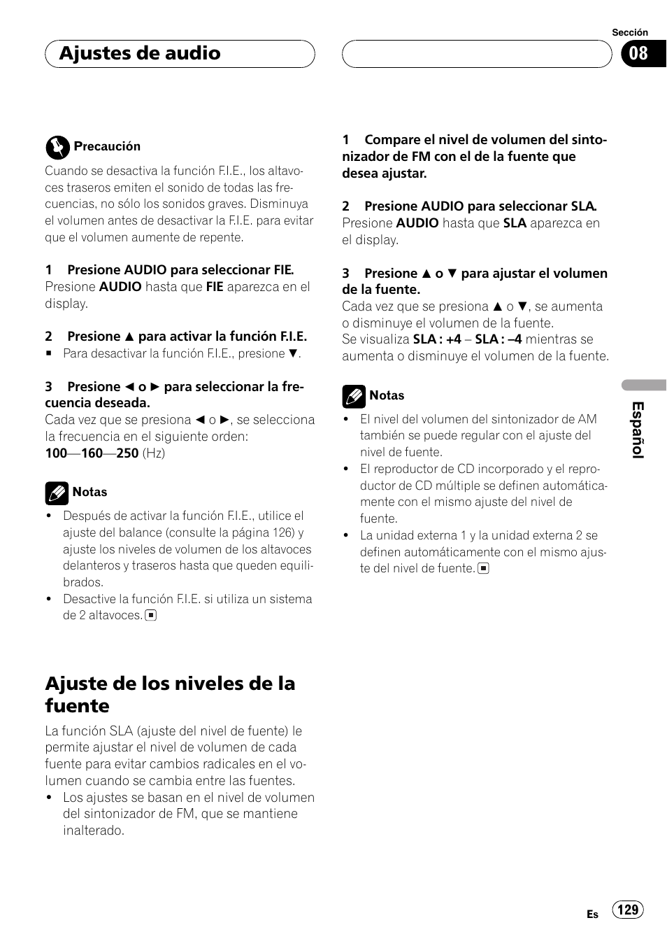 Ajuste de los niveles de la fuente 129, Ajuste de los niveles de la fuente, Ajustes de audio | Pioneer DEH-P4600MP User Manual | Page 129 / 140
