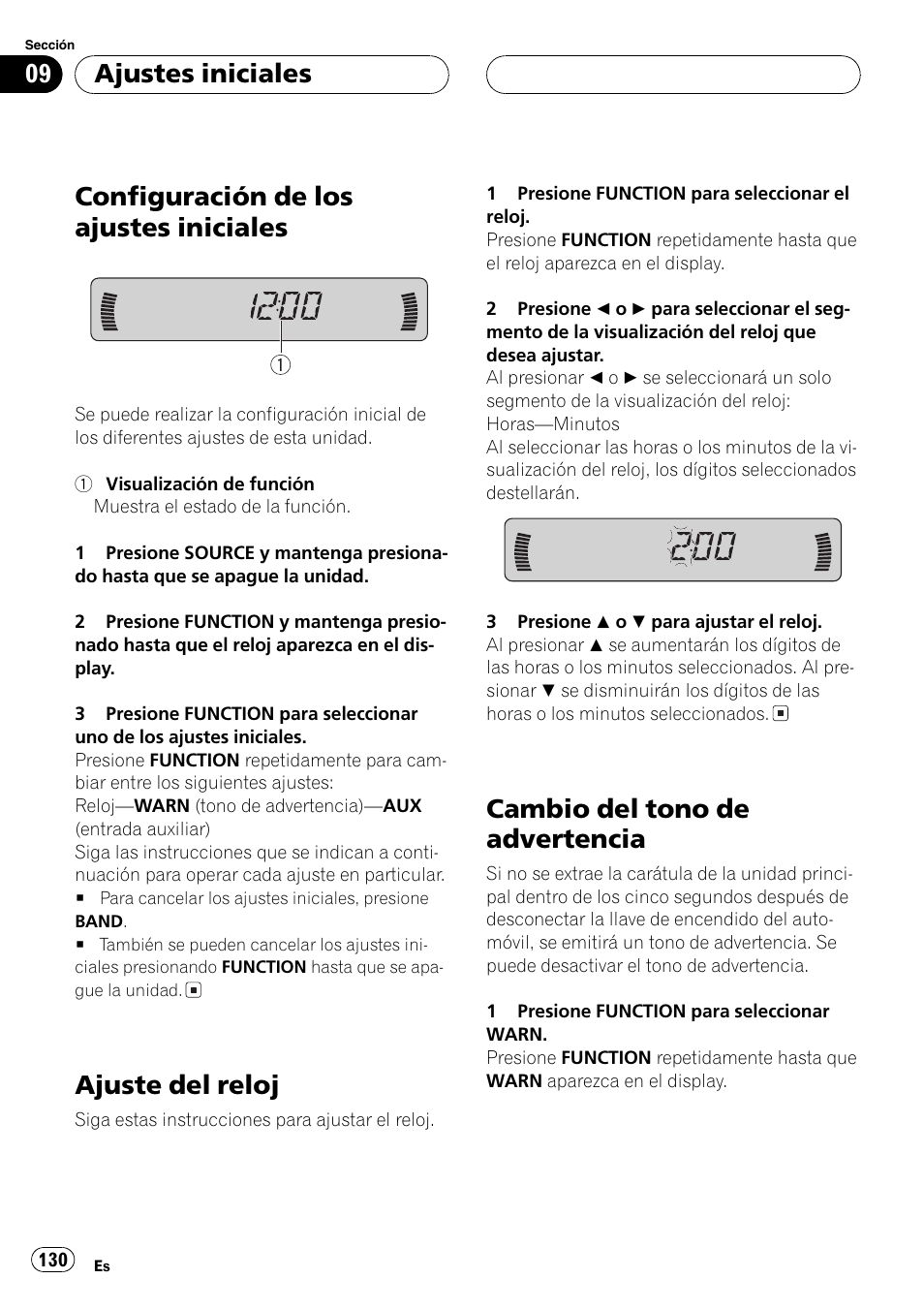 Ajustes iniciales, Configuración de los ajustes iniciales 130, Ajuste del reloj 130 | Cambio del tono de advertencia 130, Configuración de los ajustes iniciales, Ajuste del reloj, Cambio del tono de advertencia | Pioneer DEH-P4600MP User Manual | Page 130 / 140