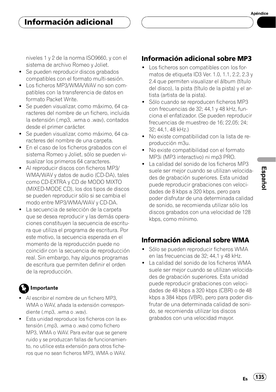 Información adicional sobre, Mp3 135, Wma 135 | Información adicional, Información adicional sobre mp3, Información adicional sobre wma | Pioneer DEH-P4600MP User Manual | Page 135 / 140