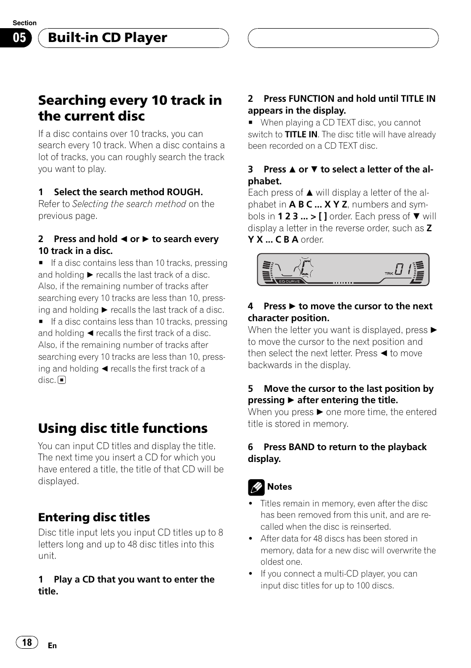 Searching every 10 track in the current, Disc 18, Using disc title functions 18 | Entering disc titles 18, Searching every 10 trackin the current disc, Using disc title functions, Built-in cd player, Entering disc titles | Pioneer DEH-P4600MP User Manual | Page 18 / 140