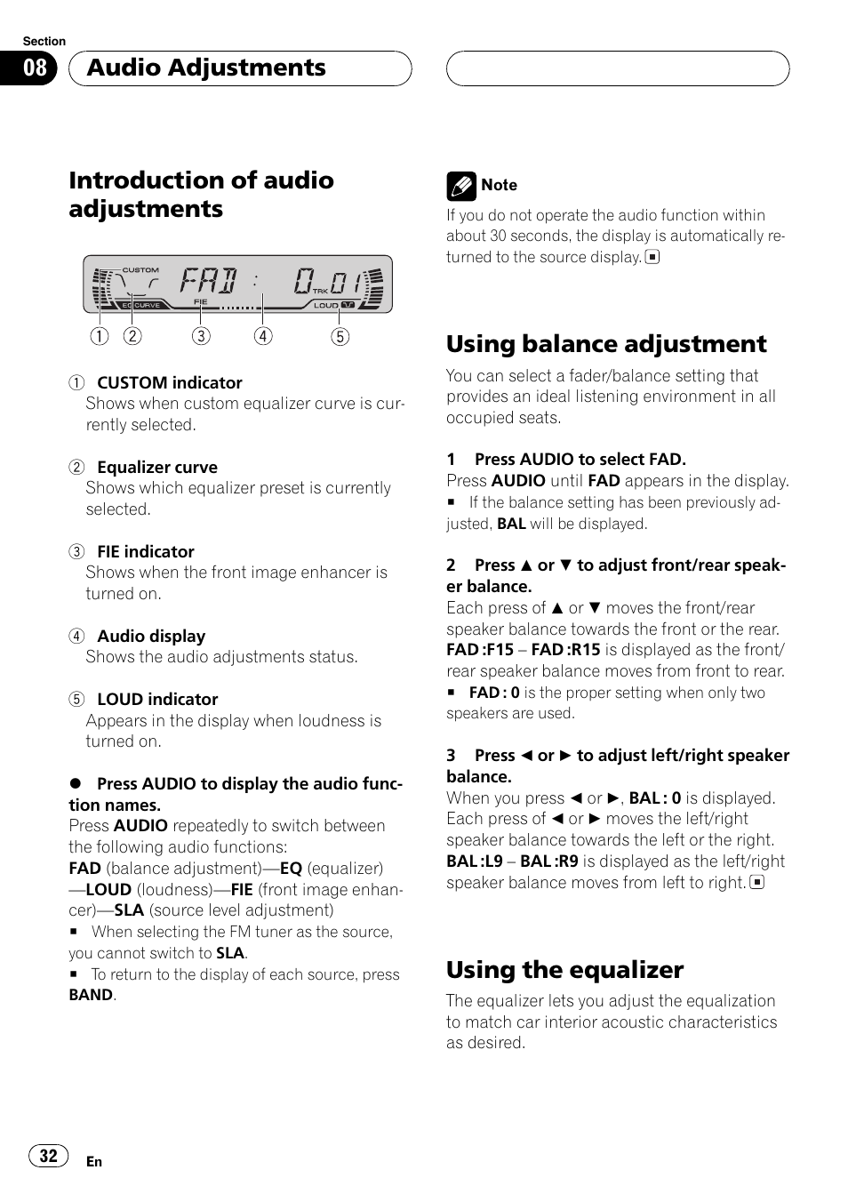 Introduction of audio adjustments, Using balance adjustment, Using the equalizer | Audio adjustments | Pioneer DEH-P4600MP User Manual | Page 32 / 140