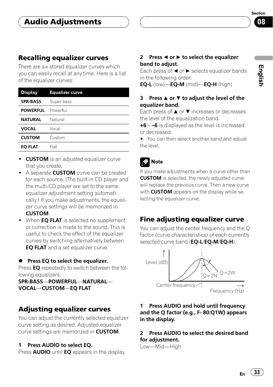 Recalling equalizer curves 33, Adjusting equalizer curves 33, Fine adjusting equalizer curve 33 | Audio adjustments, Recalling equalizer curves, Adjusting equalizer curves, Fine adjusting equalizer curve | Pioneer DEH-P4600MP User Manual | Page 33 / 140