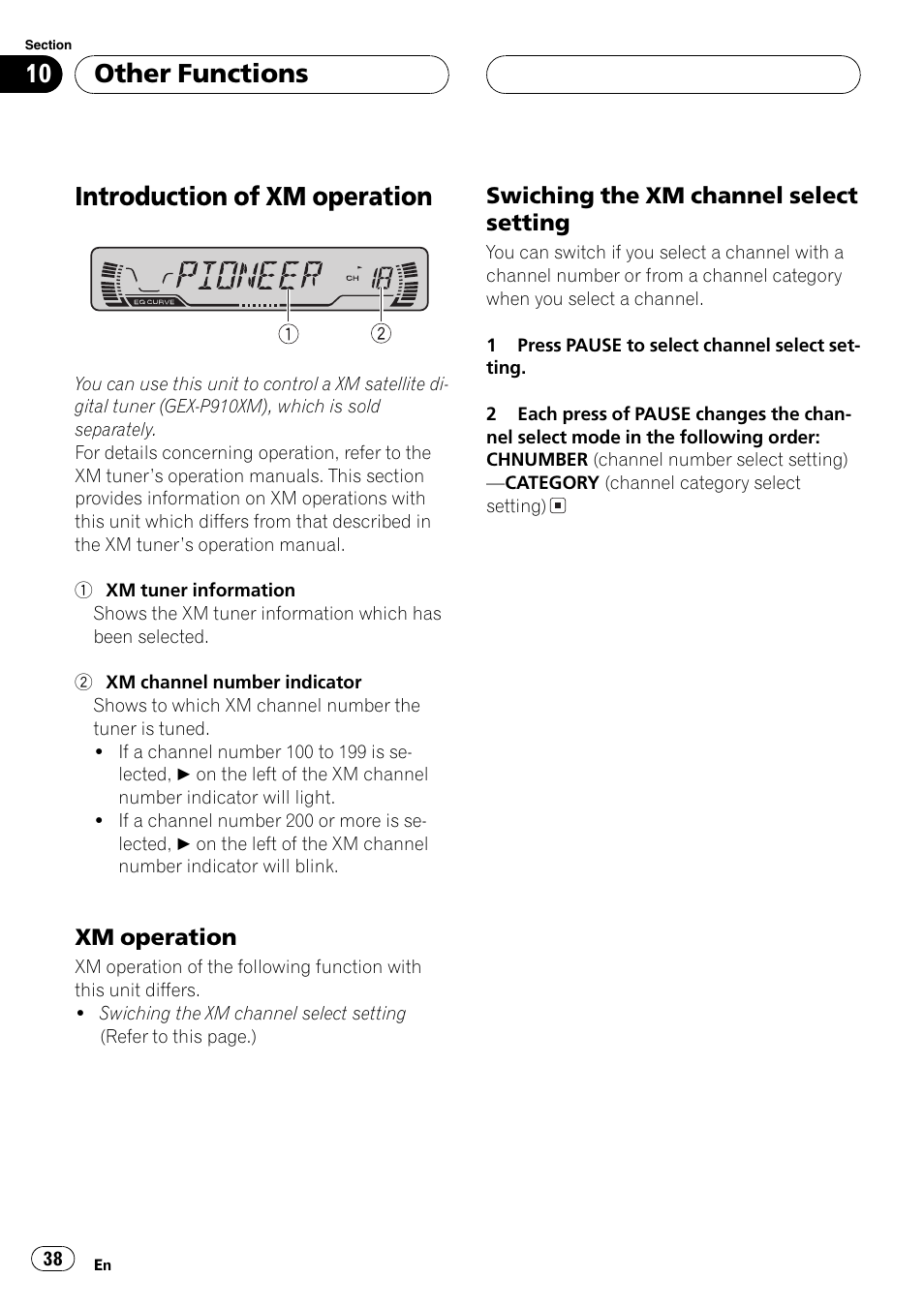 Introduction of xmoperation 38, Xmoperation 38, Swiching the xmchannel select | Setting 38, Introduction of xm operation, Other functions | Pioneer DEH-P4600MP User Manual | Page 38 / 140
