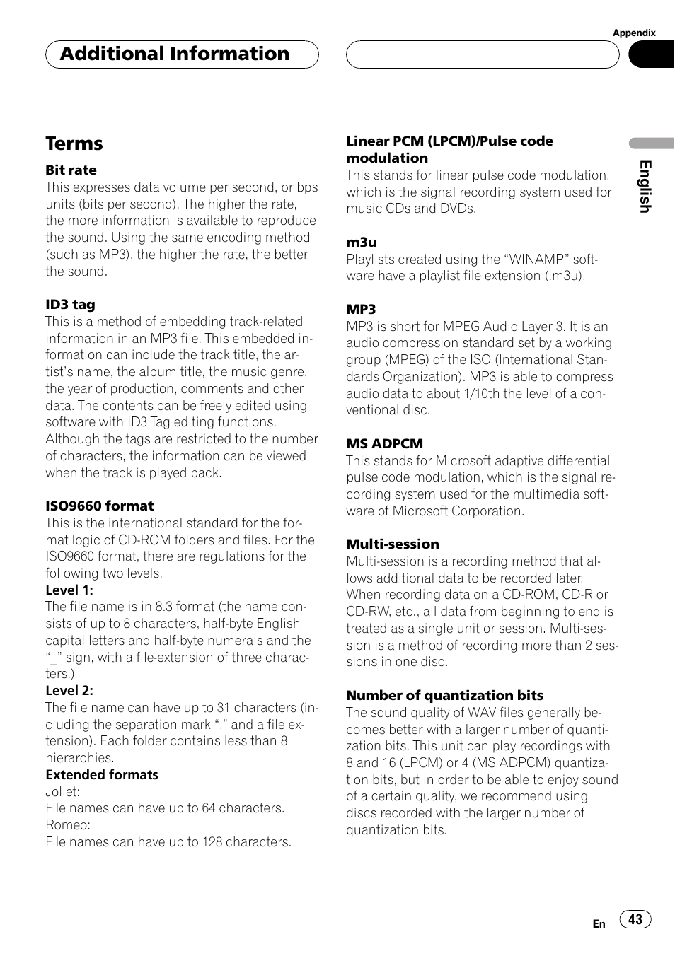 Terms 43, Terms, Additional information | Pioneer DEH-P4600MP User Manual | Page 43 / 140