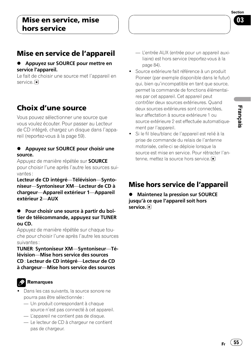 Mise en service, mise hors service, Mise en service de lappareil 55, Choix dune source 55 | Mise hors service de lappareil 55, Mise en service de lappareil, Choix dune source, Mise hors service de lappareil | Pioneer DEH-P4600MP User Manual | Page 55 / 140
