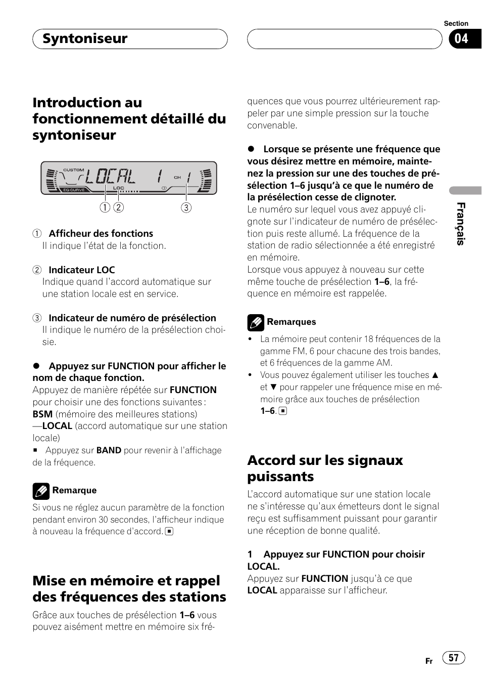 Introduction au fonctionnement détaillé du, Syntoniseur 57, Mise en mémoire et rappel des fréquences | Des stations 57, Accord sur les signaux puissants 57, Accord sur les signaux puissants, Syntoniseur | Pioneer DEH-P4600MP User Manual | Page 57 / 140