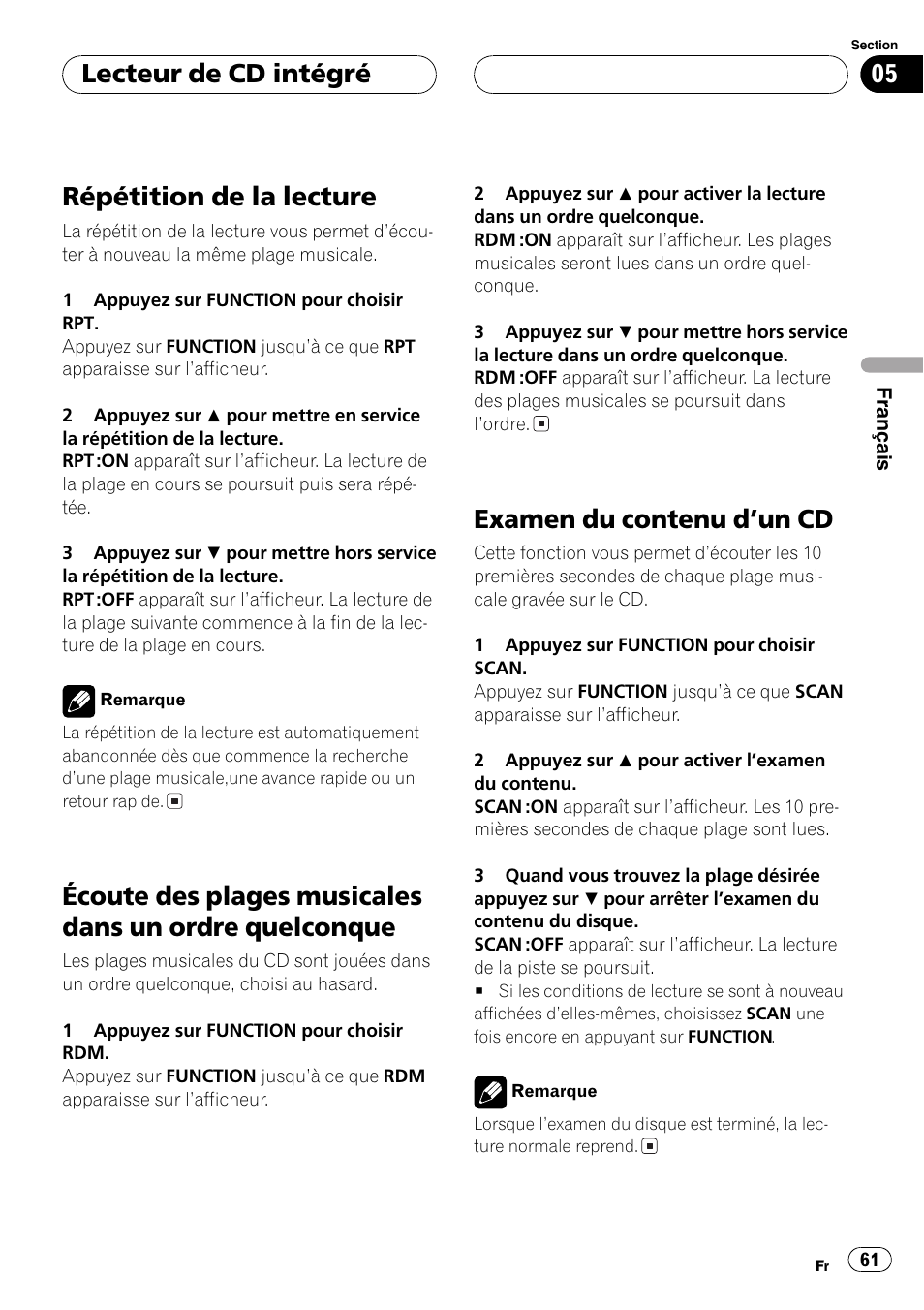 Répétition de la lecture 61, Écoute des plages musicales dans un ordre, Quelconque 61 | Examen du contenu dun cd 61, Répétition de la lecture, Examen du contenu dun cd, Lecteur de cd intégré | Pioneer DEH-P4600MP User Manual | Page 61 / 140