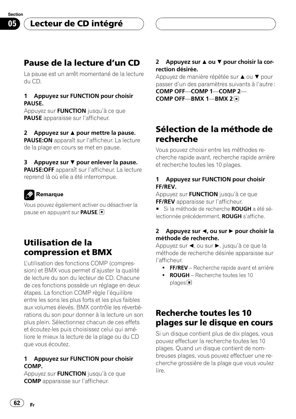 Pause de la lecture dun cd 62, Utilisation de la compression et bmx 62, Sélection de la méthode de recherche 62 | Recherche toutes les 10 plages sur le disque, En cours 62, Pause de la lecture dun cd, Utilisation de la compression et bmx, Sélection de la méthode de recherche, Lecteur de cd intégré | Pioneer DEH-P4600MP User Manual | Page 62 / 140